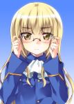  1girl adjusting_eyewear bangs blonde_hair blue_background blue_jacket blush closed_mouth commentary cravat eyebrows_visible_through_hair frown glasses gradient gradient_background highres jacket kuroi_mimei long_hair long_sleeves looking_at_viewer military military_uniform perrine_h_clostermann rimless_eyewear short_hair solo strike_witches uniform upper_body white_neckwear world_witches_series yellow_eyes 