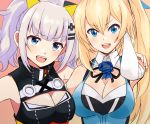  2girls :d bangs bare_shoulders black_dress blonde_hair blue_eyes blue_shirt breasts cleavage cleavage_cutout crossover dress elbow_gloves eyebrows_visible_through_hair fangs fingernails gloves hair_between_eyes hair_ornament hairclip hand_on_another&#039;s_shoulder kaguya_luna kaguya_luna_(character) keikesu large_breasts long_hair looking_at_viewer medium_breasts mirai_akari mirai_akari_project multiple_girls open_mouth shirt side_ponytail sidelocks silver_hair sleeveless sleeveless_dress sleeveless_shirt smile twintails upper_teeth v-shaped_eyebrows very_long_hair virtual_youtuber white_gloves 