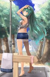  1girl alternate_costume bare_legs barefoot blue_eyes blue_sky breasts clouds commentary_request forest frog_hair_ornament green_hair hair_ornament kochiya_sanae legs long_hair looking_at_viewer medium_breasts nature outdoors shin_(new) short_shorts shorts shower sideboob sky snake solo standing touhou wet 