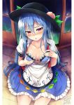  1girl black_hat blue_bra blue_hair blue_skirt blush bow bow_bra bra breasts cleavage collarbone commentary_request fingernails food fruit hair_between_eyes hat highres hinanawi_tenshi lace lace-trimmed_bra long_hair looking_at_viewer medium_breasts peach puffy_short_sleeves puffy_sleeves red_eyes self_fondle shiny shiny_hair short_sleeves sitting skirt solo sweat tirotata touhou underwear very_long_hair 