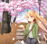  1girl ame. arm_support azur_lane bag bangs bench black_jeans black_pants blue_sky blush breasts brick_wall broken_wall building cherry_blossoms cleveland_(azur_lane) clouds commentary_request day denim eyebrows_visible_through_hair green_jacket hair_between_eyes hand_up jacket jeans lamppost light_brown_hair long_hair long_sleeves looking_away on_bench one_side_up open_clothes open_jacket outdoors pants parted_lips red_eyes shirt shoulder_bag sitting sky sleeves_folded_up small_breasts solo tree very_long_hair white_shirt window 