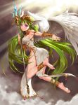  1girl angel_wings armpits ass bare_shoulders barefoot breasts clouds dress feet fishkitty flying from_behind green_hair head_wings highres jewelry legs legs_up long_hair looking_back original outstretched_arm pelvic_curtain polearm ring sideboob soles solo strapless strapless_dress toes trident vambraces very_long_hair violet_eyes weapon white_dress wings 