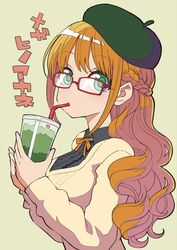  1girl bangs beret blush braid cup drink drinking_straw eyebrows_visible_through_hair french_braid glasses green_background green_eyes green_hat hanauna hat highres hino_akane_(idolmaster) holding holding_cup idolmaster idolmaster_cinderella_girls long_hair long_sleeves neck_ribbon orange_hair orange_ribbon red-framed_eyewear ribbed_sweater ribbon shiny shiny_hair simple_background solo sweater tareme translation_request two-handed upper_body wavy_hair wing_collar yellow_sweater 