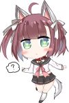  1girl ? ahoge animal_ears azur_lane bailingxiao_jiu belt_buckle belt_collar black_footwear black_sailor_collar black_skirt blush brown_hair buckle chestnut_mouth commentary_request green_eyes hair_ribbon heart heart-shaped_pupils kneehighs long_sleeves parted_lips pink_neckwear pleated_skirt red_belt red_collar ribbon sailor_collar school_uniform serafuku shiratsuyu_(azur_lane) shirt skirt solo spoken_question_mark standing standing_on_one_leg symbol-shaped_pupils tail two_side_up white_legwear white_ribbon white_shirt wolf_ears wolf_girl wolf_tail 