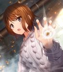  1girl brown_eyes brown_hair bullet curled_fingers dutch_angle kinuhata_saiai looking_at_viewer mikomiko_(mikomikosu) open_mouth short_hair solo sweater to_aru_kagaku_no_railgun to_aru_majutsu_no_index upper_body white_sweater 