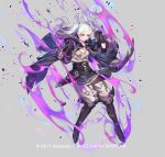  1girl aura cloak cozy female_my_unit_(fire_emblem:_kakusei) fire_emblem fire_emblem:_kakusei fire_emblem_heroes full_body gimurei grey_background my_unit_(fire_emblem:_kakusei) official_art red_eyes silver_hair simple_background solo 