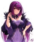  1girl adjusting_hair bangs bare_shoulders breasts capelet caster_(lostbelt) cleavage covered_navel detached_collar dress eyebrows_visible_through_hair fate/grand_order fate_(series) fur_trim hair_between_eyes hand_on_hip headpiece jewelry large_breasts long_hair long_sleeves looking_at_viewer okitakung pendant purple_dress purple_hair red_eyes simple_background solo tiara upper_body white_background wide_sleeves 