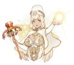  1girl blonde_hair breasts breasts_apart capelet copyright_request destiny_child hand_up hat holding large_breasts looking_at_viewer scepter solo sparks upper_body yue_(kingdom1259) 