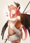  1girl armlet armpits bangs bare_shoulders black_wings blue_eyes blush bracelet breasts brown_background brown_eyes circe_(fate/grand_order) closed_mouth cowboy_shot eyebrows_visible_through_hair fate/grand_order fate_(series) feathered_wings gradient gradient_background hairband hand_on_hip head_wings holding holding_staff jewelry kyoeiki lips long_hair miniskirt multicolored multicolored_eyes navel necklace pink_hair pleated_skirt pointy_ears skirt small_breasts smile solo staff standing stomach tareme thigh_strap very_long_hair white_skirt wings 