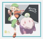  1girl :d bag bel_(pokemon) blonde_hair bow brown_footwear clenched_hand copyright_name gen_5_pokemon glasses green_eyes green_hat green_pants handbag hat hat_bow highres holding holding_poke_ball jacket looking_at_viewer musharna nomura_(buroriidesu) open_mouth orange_jacket pants pink-framed_eyewear pink_eyes poke_ball pokeball_symbol pokemon pokemon_(creature) pokemon_(game) pokemon_bw2 short_hair simple_background smile solosis standing standing_on_one_leg 
