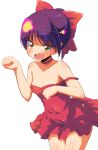  1girl bangs blush bow choker commentary_request cowboy_shot dress embarrassed eyebrows_visible_through_hair fang gegege_no_kitarou hair_bow highres leaning_forward looking_at_viewer nekomusume nekomusume_(gegege_no_kitarou_6) open_mouth paw_pose pointy_ears purple_hair red_bow red_choker red_dress short_dress short_hair simple_background solo spaghetti_strap standing strap_slip sw white_background yellow_eyes 
