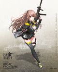  1girl alternate_costume breasts brown_hair character_name cleavage commentary commentary_request fingerless_gloves full_body girls_frontline gloves gun gun_case h&amp;k_ump heckler_&amp;_koch highres long_hair looking_at_viewer parted_lips qieye side_ponytail submachine_gun suppressor thigh-highs thigh_strap turtleneck ump45_(girls_frontline) weapon yellow_eyes 