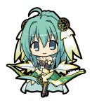  1girl ahoge bangs bare_shoulders black_footwear black_shirt blue_eyes boots bow_(weapon) character_request chibi closed_mouth collarbone detached_sleeves emil_chronicle_online eyebrows_visible_through_hair full_body green_hair green_skirt hair_between_eyes hair_ornament holding holding_bow_(weapon) holding_weapon knee_boots long_hair long_sleeves rinechun shirt simple_background skirt smile solo standing very_long_hair weapon white_background 