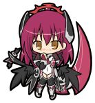  1girl bangs black_wings blush bridal_gauntlets brown_eyes character_request chibi covered_navel emil_chronicle_online eyebrows_visible_through_hair full_body hair_between_eyes headgear juliet_sleeves leotard long_hair long_sleeves low_wings nose_blush puffy_sleeves purple_hair rinechun simple_background solo standing white_background white_leotard wings 