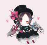  1girl black_dress black_hat blue_ribbon bow brown_background brown_hair chibi cottontailtokki dress feathered_wings full_body gloves grey_wings hair_ribbon hat heart long_hair looking_at_viewer no_shoes one_eye_closed original pink_bow pointy_ears puffy_sleeves purple_ribbon red_eyes ribbon simple_background socks solo striped striped_legwear top_hat very_long_hair white_gloves wings 