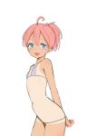  1girl :d ahoge arms_behind_back bikini blue_eyes contrapposto cowboy_shot facial_tattoo flat_chest grey_bikini heart_tattoo looking_at_viewer open_mouth pink_hair sketch smile solo swimsuit tan tanline tattoo tim_loechner 