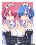  2girls blue_eyes blue_hair blush breast_press breasts cleavage closed_mouth detached_sleeves hair_ornament hair_over_one_eye hair_ribbon hand_holding hinghoi interlocked_fingers large_breasts looking_at_viewer maid maid_headdress medium_breasts multiple_girls patreon_username pink_hair ram_(re:zero) re:zero_kara_hajimeru_isekai_seikatsu red_eyes red_ribbon rem_(re:zero) ribbon short_hair siblings sisters smile symmetrical_docking upper_body x_hair_ornament 