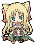  1girl animal_ears bare_shoulders black_legwear blonde_hair blush_stickers bow brown_bow brown_footwear cat_ears cat_girl cat_tail character_request chibi closed_mouth emil_chronicle_online full_body gloves green_eyes grey_shirt hair_bow hand_up head_tilt holding long_hair mary_janes midriff navel pantyhose rinechun ringlets shirt shoes simple_background skirt sleeveless sleeveless_shirt smile solo sword tail tail_bow vambraces very_long_hair weapon white_background white_gloves white_skirt 