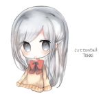  1girl :o artist_name bangs blush bow bowtie cottontailtokki grey_eyes long_hair long_sleeves looking_at_viewer lowres original parted_lips red_neckwear silver_hair simple_background solo sweater very_long_hair white_background yellow_sweater 