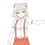  alternate_hair_length alternate_hairstyle bob_cut frown fujiwara_no_mokou hair_ribbon red_eyes ribbon short_hair suspenders touhou white_hair yuusha-chan_(gassaku_no_hito) 