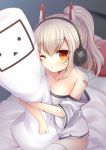  1girl ayanami_(azur_lane) azur_lane bandaid_on_arm bangs bare_shoulders bed blush breasts closed_mouth collarbone commentary_request eyebrows_visible_through_hair hair_between_eyes headgear headphones light_brown_hair long_hair looking_at_viewer medium_breasts niconico no_shoes off-shoulder_shirt on_bed one_eye_closed pillow pillow_hug ponytail seiza shirt short_sleeves sitting solo terebi-chan thigh-highs white_legwear white_shirt wide_sleeves yukiyuki_441 