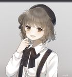  1girl :d bangs beret black_bow black_hat black_ribbon blush bow brown_eyes brown_hair collared_shirt eyebrows_visible_through_hair fangs flower grey_background hair_flower hair_ornament hair_rings hand_up hat hatoba_tsugu hatoba_tsugu_(character) long_sleeves looking_at_viewer moffle_(ayabi) mole mole_under_eye open_mouth ribbon rose shirt signature simple_background smile solo suspenders upper_body virtual_youtuber white_flower white_rose white_shirt 