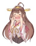  1girl =_= ahoge black_skirt blush brown_hair closed_eyes commentary_request crying d: eyebrows_visible_through_hair facing_viewer fumikiri headgear kantai_collection kongou_(kantai_collection) long_hair nontraditional_miko nose_blush open_mouth pleated_skirt simple_background skirt snot solo tears upper_body v-shaped_eyebrows white_background 