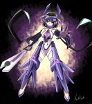  1girl artist_name bare_shoulders black_hair breasts clenched_teeth elbow_gloves empty_eyes full_body gloves green_eyes headgear highres hikkub kohinata_miku leotard medium_breasts outstretched_arm purple_gloves purple_legwear senki_zesshou_symphogear short_hair solo teeth 