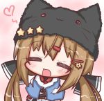  1girl :3 :d =_= animal_hat brown_hair capelet cat_hat chibi commentary_request hair_ornament hairclip hat heart kantai_collection komakoma_(magicaltale) long_hair open_mouth pink_background smile solo star_hat_ornament tashkent_(kantai_collection) twintails 