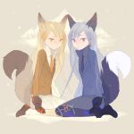  2girls animal_ears black_footwear black_gloves black_neckwear blonde_hair blush bow bowtie commentary copyright_name curled_tail extra_ears eyebrows_visible_through_hair ezo_red_fox_(kemono_friends) formal gloves grey_hair hand_on_own_leg kemono_friends long_hair looking_at_viewer minim_(nnininn) multiple_girls necktie pantyhose red_eyes seiza silver_fox_(kemono_friends) simple_background sitting skirt suit tail yellow_eyes yellow_neckwear 