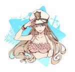  1girl :p bikini blue_background blue_eyes bracelet breasts brown_hair cleavage copyright_request eyebrows_visible_through_hair hand_up hat jewelry large_breasts long_hair one_eye_closed peaked_cap pink_bikini salute smile smirk solo swimsuit tongue tongue_out yue_(kingdom1259) 