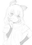  1girl animal_ears arm_warmers bangs bare_shoulders blush casual choker commentary_request eyebrows_visible_through_hair fang girls_und_panzer greyscale hand_on_hip head_tilt highres katyusha kemonomimi_mode looking_at_viewer mochi_(circle_rin) monochrome off_shoulder open_mouth shirt short_hair short_sleeves sketch solo standing upper_body v-shaped_eyebrows 