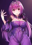  1girl bare_shoulders beeyan breasts cleavage commentary_request covered_navel fate/grand_order fate_(series) long_hair long_sleeves looking_at_viewer medium_breasts purple purple_hair red_eyes scathach_(fate/grand_order) solo standing tiara 