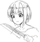  1girl :3 asymmetrical_hair hakuduki18 holding holding_knife idolmaster idolmaster_cinderella_girls knife miyamoto_frederica monochrome sketch solo wide-eyed 