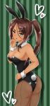  1girl ahagon_umiko animal_ears ass bare_shoulders breasts brown_hair bunny_girl bunny_tail bunnysuit cleavage dark_skin fake_animal_ears green_eyes hair_tie hand_up heart highres long_hair looking_back medium_breasts namakotaic new_game! ponytail rabbit_ears simple_background solo striped tail thick_eyebrows vertical_stripes wrist_cuffs 