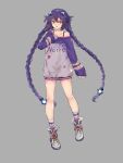  1girl :d alternate_costume bare_legs bare_shoulders blue_eyes braid casual character_name d-pad d-pad_hair_ornament full_body hair_ornament hand_on_own_chest highres long_hair looking_at_viewer neptune_(series) off_shoulder open_mouth power_symbol purple_hair purple_heart simple_background smile solo sweater symbol-shaped_pupils twin_braids twintails very_long_hair very_long_sleeves white_crow 