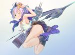  1girl ;q ass azur_lane bangle bangs bare_shoulders black_legwear black_ribbon black_skirt blush boots bracelet breasts camisole closed_mouth commentary_request crown eyebrows_visible_through_hair green_eyes hair_ribbon holding holding_weapon javelin javelin_(azur_lane) jewelry kneehighs looking_at_viewer looking_to_the_side medium_breasts mini_crown object_namesake one_eye_closed pachi_(sugiyama0306) panties purple_footwear purple_hair ribbon skirt smile solo thighs tongue tongue_out underwear weapon white_camisole white_panties 