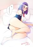  1girl :o ass bare_shoulders barefoot bed blush breasts dated eyebrows_visible_through_hair feet full_body highres kantai_collection large_breasts looking_at_viewer lying masago_(rm-rf) on_bed on_side panties pillow purple_hair short_hair sketch tatsuta_(kantai_collection) translation_request twitter_username underwear violet_eyes white_panties 