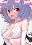  1girl artist_name bare_shoulders bat_wings blue_hair blush bra breasts cleavage collarbone commentary_request elbow_gloves eyebrows_visible_through_hair fangs fkey gloves grey_background hair_between_eyes hand_on_own_chest hat highres looking_at_viewer medium_breasts mob_cap pink_hat red_eyes remilia_scarlet short_hair simple_background solo touhou underwear upper_body white_bra white_gloves wings 