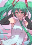  1girl absurdres aqua_eyes aqua_hair arms_behind_head blush detached_sleeves dog_hate_burger green_hair hair_ornament hairclip hatsune_miku headphones headset highres listening_to_music long_hair looking_at_viewer necktie shirt sleeveless sleeveless_shirt smile solo thigh-highs twintails very_long_hair vocaloid 