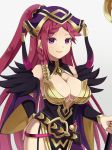  1girl bare_shoulders belt braid breasts cleavage detached_collar detached_sleeves dress earrings feather_trim fire_emblem fire_emblem_heroes hair_ornament hat headdress jewelry large_breasts lips lipstick loki_(fire_emblem_heroes) long_hair makeup pelvic_curtain purple_dress purple_hair shira_yu_ki simple_background smile staff violet_eyes wide_sleeves 