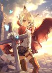  1girl animal_ears blonde_hair boots braid butterfly cape closed_mouth clouds cloudy_sky contrapposto cross daisy day flower fox_ears hand_up insect kuga_tsukasa leg_belt light_rays long_hair original outdoors red_cape ruins sad_smile shirt shorts sky solo standing sunrise tears thigh-highs thigh_boots tombstone wall white_shirt 