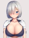  1girl blue_eyes blush bra breasts cleavage closed_mouth collarbone gloves gradient gradient_background hair_ornament hair_over_one_eye hairclip hamakaze_(kantai_collection) kantai_collection large_breasts looking_at_viewer open_clothes open_shirt pink_background purple_bra sailor_collar school_uniform serafuku short_hair short_sleeves silver_hair solo tapisuke underwear upper_body white_gloves 