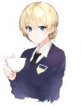  1girl bangs black_neckwear blonde_hair blue_eyes blue_sweater braid closed_mouth commentary cropped_torso cup darjeeling dress_shirt emblem eyebrows_visible_through_hair girls_und_panzer highres holding kiyomasa_(dangan) long_sleeves looking_at_viewer necktie school_uniform shirt short_hair simple_background sketch smile solo st._gloriana&#039;s_school_uniform sweater teacup tied_hair twin_braids upper_body v-neck white_background white_shirt wing_collar 