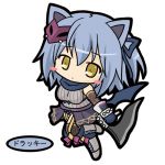  1girl animal_ears bangs blue_gloves blue_hair blue_ribbon blue_scarf boots breasts cat_ears character_request chibi cross-laced_footwear emil_chronicle_online eyebrows_visible_through_hair fishnet_legwear fishnets full_body gloves grey_footwear grey_sweater hair_between_eyes hair_ribbon holding knee_boots lace-up_boots lowres medium_breasts ninja one_side_up ribbed_sweater ribbon rinechun scarf simple_background sleeveless solo standing standing_on_one_leg sweater thigh-highs translation_request white_background yellow_eyes 