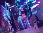  1girl arrow ashe_(league_of_legends) ass backboob blue_eyes blurry bodysuit bow_(weapon) breasts commentary crossbow depth_of_field full_body highres league_of_legends mirror nikita_varb project:_ashe reflection short_hair skin_tight skindentation weapon white_hair 