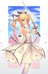  1girl antenna_hair artoria_pendragon_(all) bangs black_bow blonde_hair blue_sky blurry blurry_background bow breasts caliburn carnival_phantasm cherry_blossoms clouds cloudy_sky commentary day depth_of_field detached_sleeves dress eyebrows_visible_through_hair fate/grand_order fate/stay_night fate/unlimited_codes fate_(series) gloves gradient gradient_background green_eyes grey_background hair_bow highres holding holding_sword holding_weapon lee_seok_ho long_hair medium_breasts outdoors pantyhose petals ponytail puffy_short_sleeves puffy_sleeves saber_lily short_sleeves sidelocks sky solo strapless strapless_dress sword weapon white_background white_dress white_gloves white_legwear 