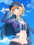  1girl arm_up artoria_pendragon_(all) bangs baseball_cap black_hat black_pants blonde_hair blue_eyes blue_jacket breasts closed_mouth commentary_request crop_top day eyebrows_visible_through_hair fate/grand_order fate_(series) floating_hair from_below groin hair_between_eyes hand_on_headwear hat highres jacket jacket_on_shoulders long_sleeves looking_away mysterious_heroine_x navel open_clothes open_fly open_jacket outdoors pants ponytail purple_shirt reuri_(tjux4555) rojiura_satsuki:_chapter_heroine_sanctuary shiny shiny_hair shirt short_hair short_ponytail side_glance sidelocks small_breasts smile solo standing stomach unbuttoned wind 