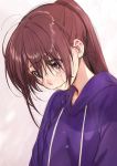  1girl bangs brown_hair closed_mouth commentary_request crying crying_with_eyes_open eyebrows_visible_through_hair eyes_visible_through_hair hood hood_down hoodie kawai_makoto long_hair looking_down original pink_eyes ponytail purple_neckwear snot solo tears upper_body 