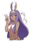  1girl :d animal_ears bangs bra breasts commentary dark_skin egyptian eyebrows_visible_through_hair facial_mark fate/grand_order fate_(series) fumikiri hair_between_eyes hair_tubes hand_up jackal_ears long_hair looking_at_viewer medium_breasts medjed nitocris_(fate/grand_order) open_mouth panties pink_eyes purple_hair simple_background smile solo underwear v very_long_hair white_background white_bra 